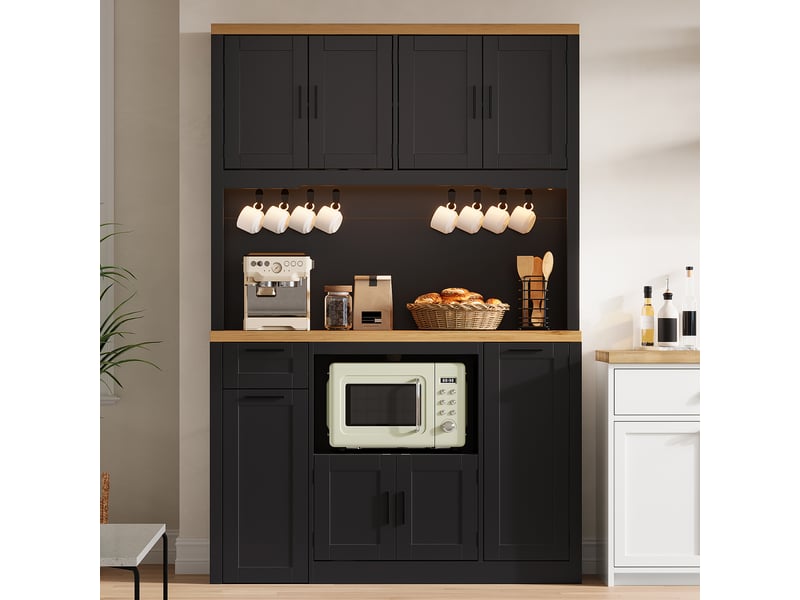  Buffet haut de cuisine 120x40x182 cm avec led rgb, 2 prises, 2 usb, 3 tiroirs, étagères réglables, crochets, rangement de porte, noir et bois naturel  - Conforama B