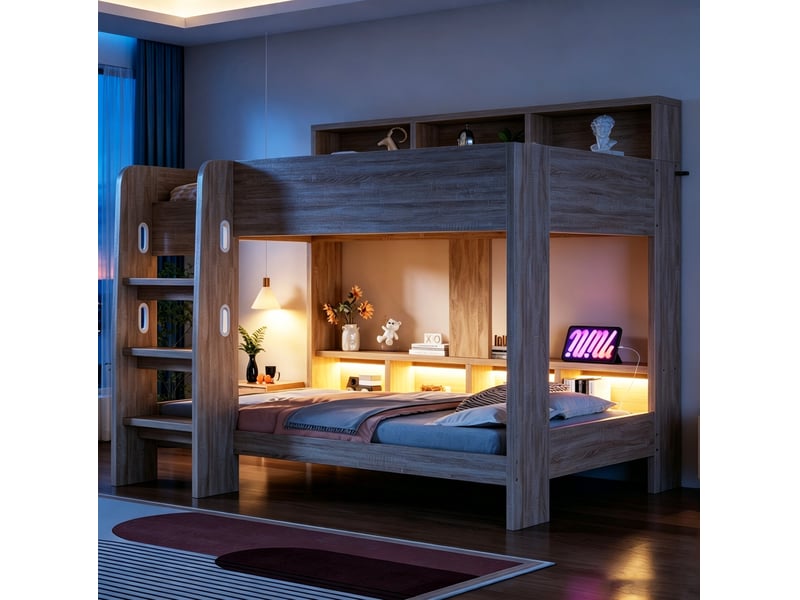 Lit superposé 90x200 cm, 2 couchages, casiers, led, prises, échelle, mdf, bois naturel, sans matelas  - Conforama D