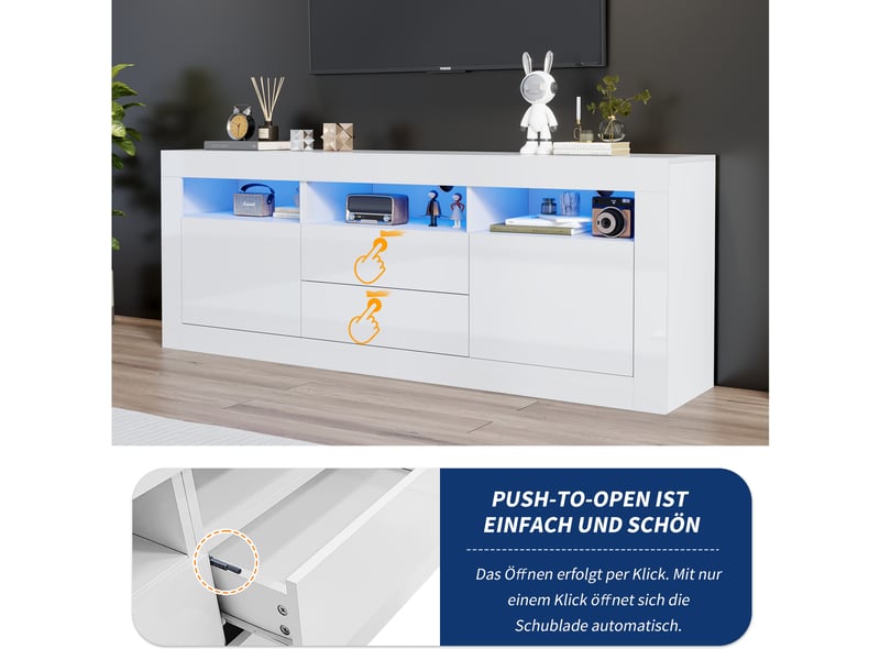  Meuble tv haute 160x35x60 cm avec éclairage led, 2 portes, 3 compartiments ouverts, 2 tiroirs, commande par application intelligente  - Conforama W