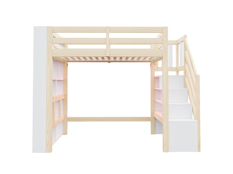  Lit mezzanine 90x200 cm avec rangements et led, coloris bois naturel et blanc, sans matelas  - Conforama E