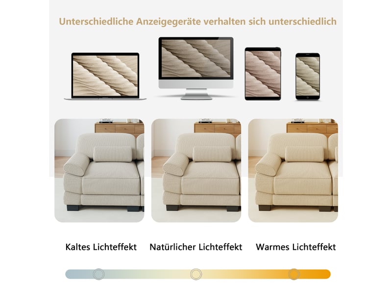  Canapé panoramique modulable 3 places 265 x 161 x 94 cm avec 2 poufs, assise profonde et coussins épais, velours côtelé, beige Morn Vibe - Conforama D