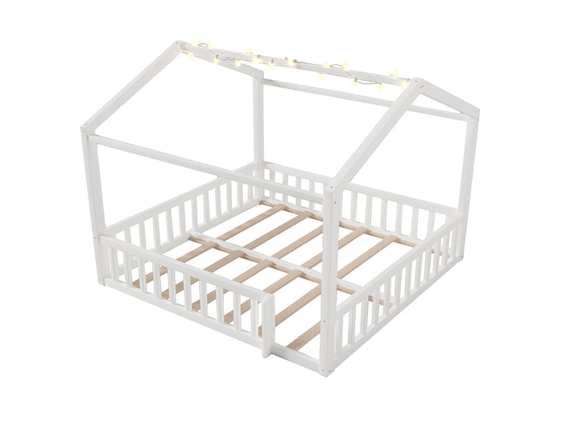 Lit cabane plat 90x190 cm ou 180x190 cm avec barrières maison pin blanc sans matelas led style minimaliste  - Conforama A