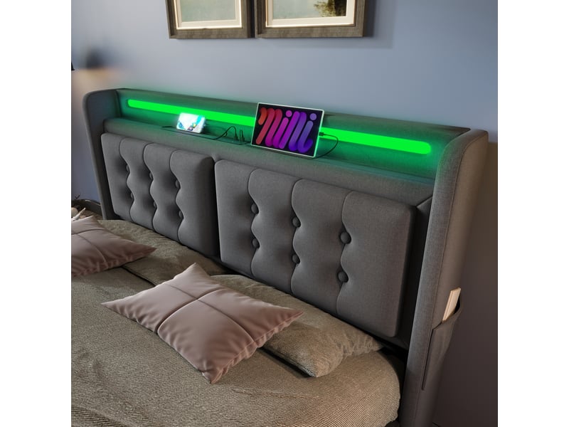 Lit double 180x200 cm-led-usb type-c-4 tiroirs-rangement-sommier à lattes-cadre métal 300 kg-tissu coton-lin-gris(sans matelas). - Conforama D