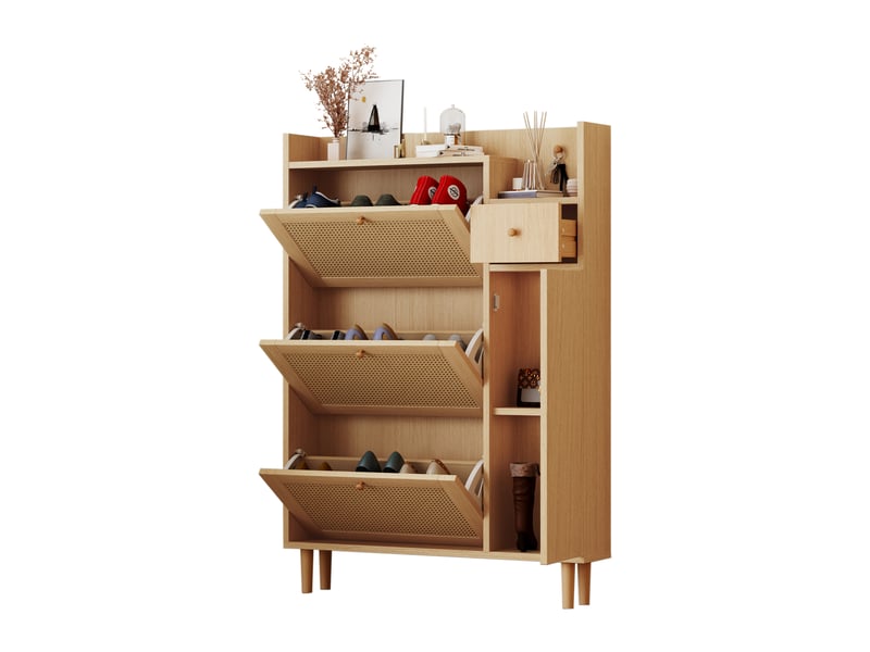  Meuble à chaussures 90x17x125 cm avec 3 portes abattantes, 1 tiroir, façades cannage et pieds en bois - Naturel Fay Lum - Conforama A