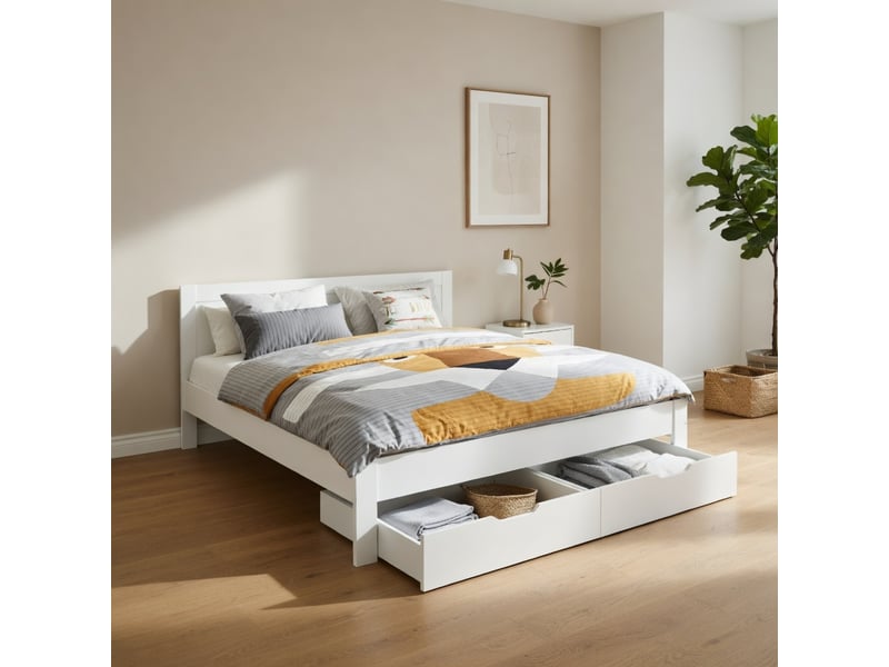  Gutenacht lit coffre 140x190 cm blanc avec tiroirs, étagères et rangement  - Conforama C