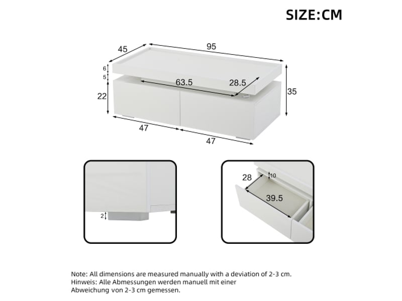  Table basse led blanche 95x45x35 cm - 2 tiroirs, haute brillance, design géométrique moderne et minimaliste  - Conforama C