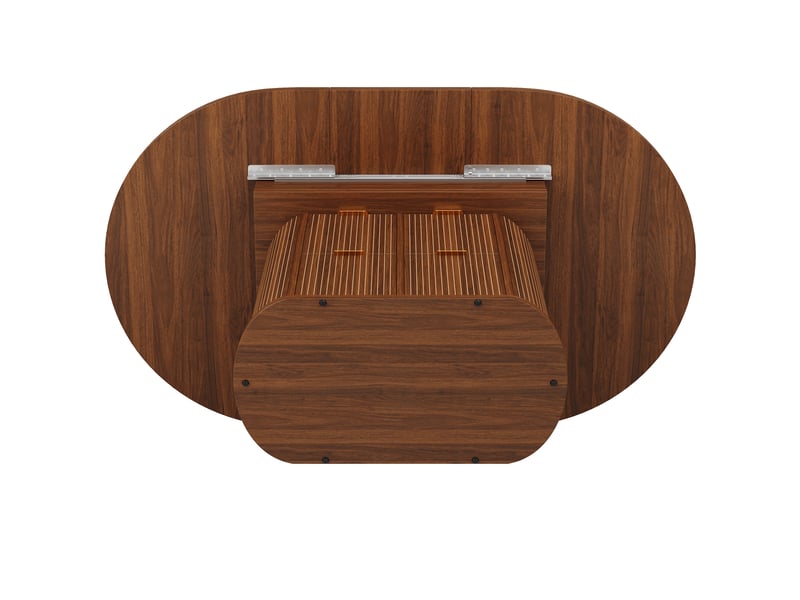 Table à manger ovale extensible 118-158x118x76.8cm pour 4 à 6 personnes, rangements rabattables, 2 tiroirs, reliefs verticaux et poignées métal, marron evarich - Conforama D