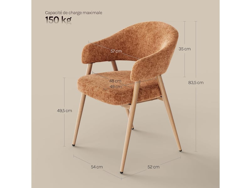 Lot de 4 chaises de salle à manger, ergonomique,pieds métalliques, siège en tissu chenille,orange - Conforama D