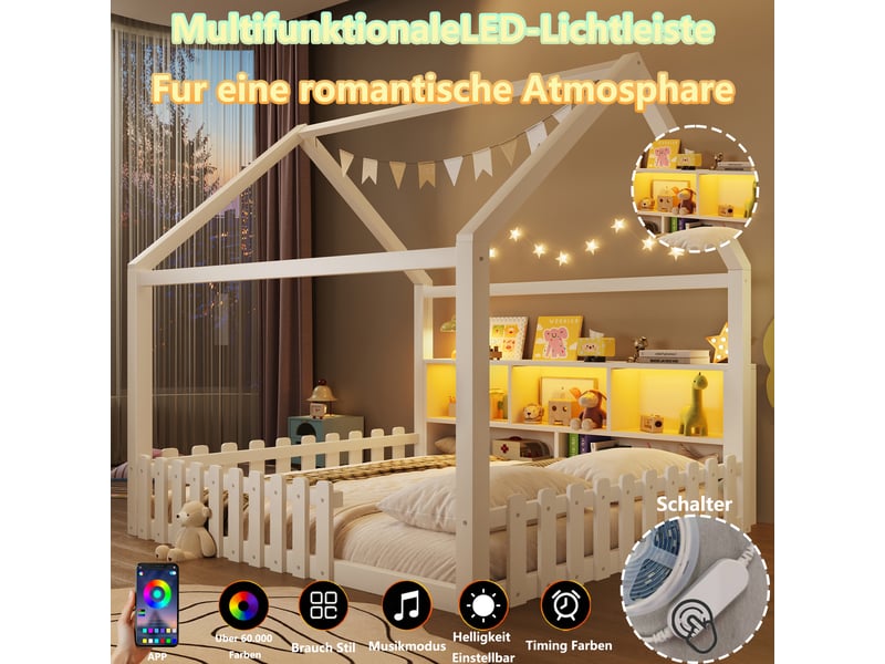 Lit cabane enfant 140x190 cm - design maison avec barrières, rangement intégré, led, structure en pin et mdf blanc - Conforama E