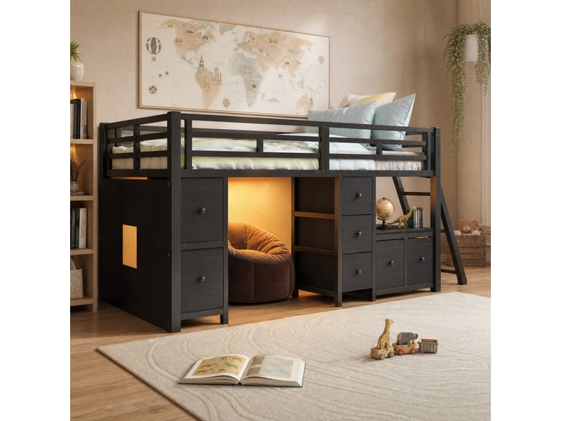  Lit mezzanine enfant 1 place 90×200 cm, 7 tiroirs, led réglable et étagères - okmyhome- sans matelas, noir  - Conforama C