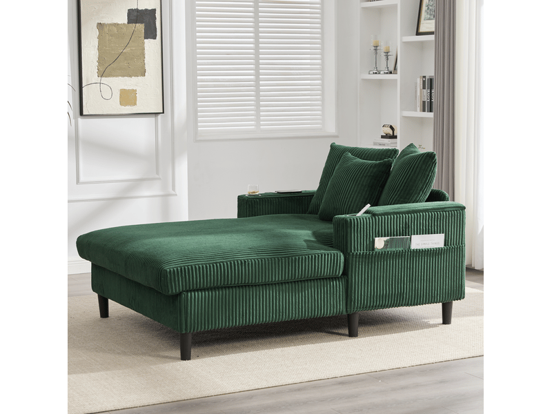  Chaiselongue fixe 1 place en velours côtelé vert émeraude avec led, usb, rangement et 2 porte-gobelets  - Conforama E