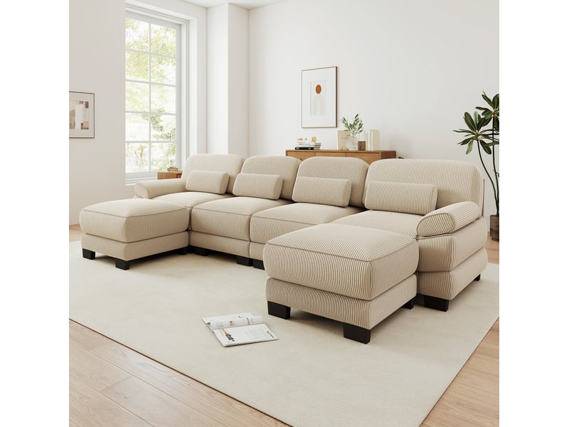  Canapé modulable en u 4 places 336x161x94 cm, 2 poufs, assise profonde, soutien ergonomique, velours côtelé beige  - Conforama B