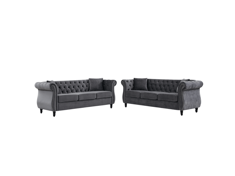  Canapé chesterfield gris en velours, 203 x 73,6 x 76 cm, pieds en hévéa, boutons capitonnés, clous argentés  - Conforama A