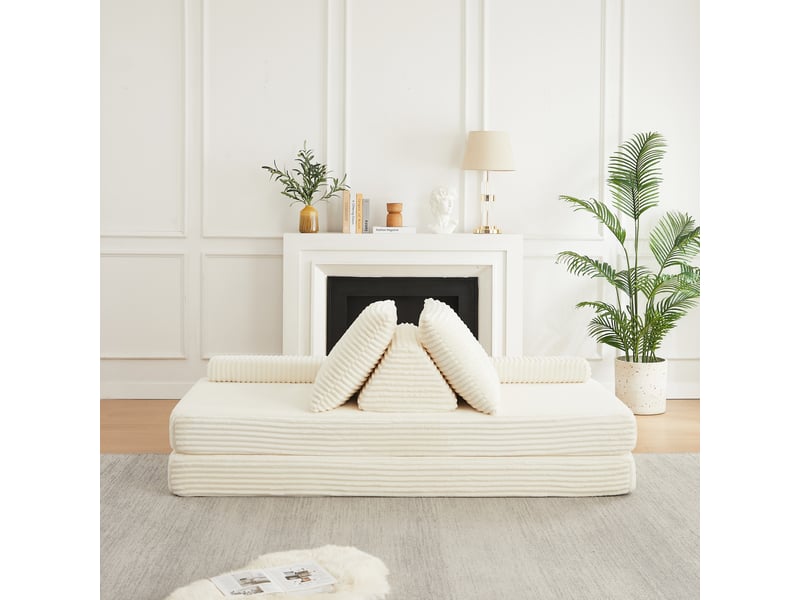  Canapé modulable convertible 211 cm en velours côtelé, canapé-lit avec 2 dossiers triangulaires, 2 coussins et 2 accoudoirs amovibles - beige  - Conforama D