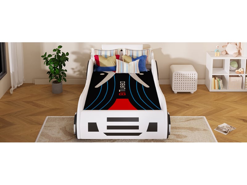  Lit coffre 90x200 cm, forme voiture pour enfant, sommier à lattes relevable, blanc, sans matelas  - Conforama D