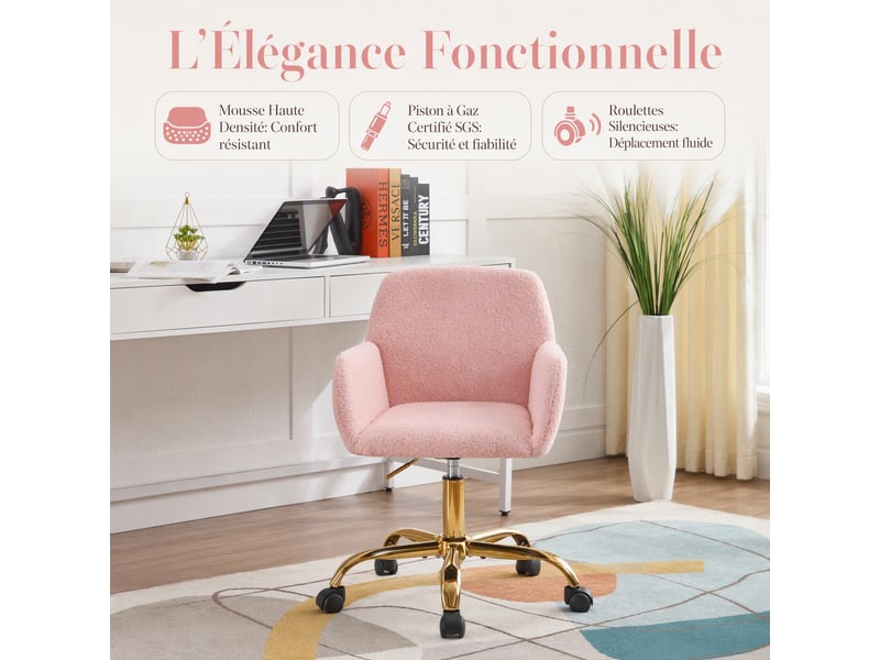  Chaise de bureau pivotante 55 x 53 x 76.2-84.3 cm – hauteur réglable avec pieds dorés et roulettes – fausse fourrure - rose  - Conforama E