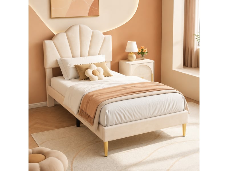 Lit simple 90x200 cm en velours beige à tête de lit réglable - Conforama C