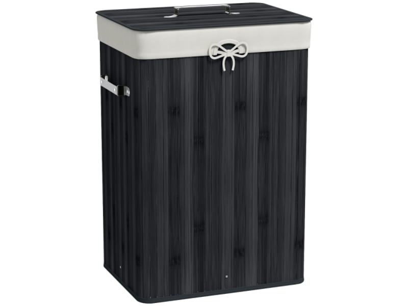  Panier à linge pliable avec couvercle, bambou et toile noire, 72 l, 40 x 30 x 60 cm, sac amovible  - Conforama A