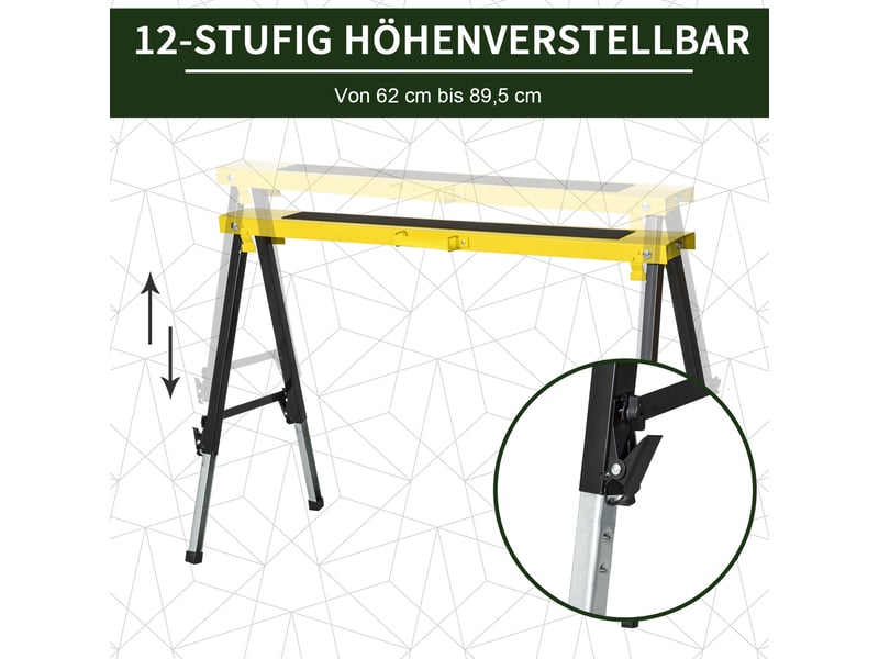  Lot de 2 tréteaux de sciage 100 x 49 x 62-90 cm jaune acier, réglables, pliables, surface antidérapante  - Conforama E