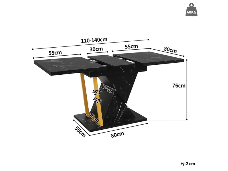 Table de cuisine rectangulaire avec allonge noir+doré - 80x110-140max.cm mdf table bicolore - Conforama C