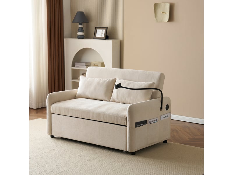 Canapé-lit convertible modenvie 2 places en chenille beige 129 x 76 cm avec dossier réglable et usb - Conforama E