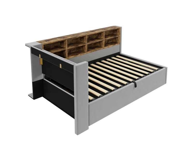  Lit coffre rembourré 90x200 cm gris clair velours, rangement hydraulique, usb-c, led  - Conforama E
