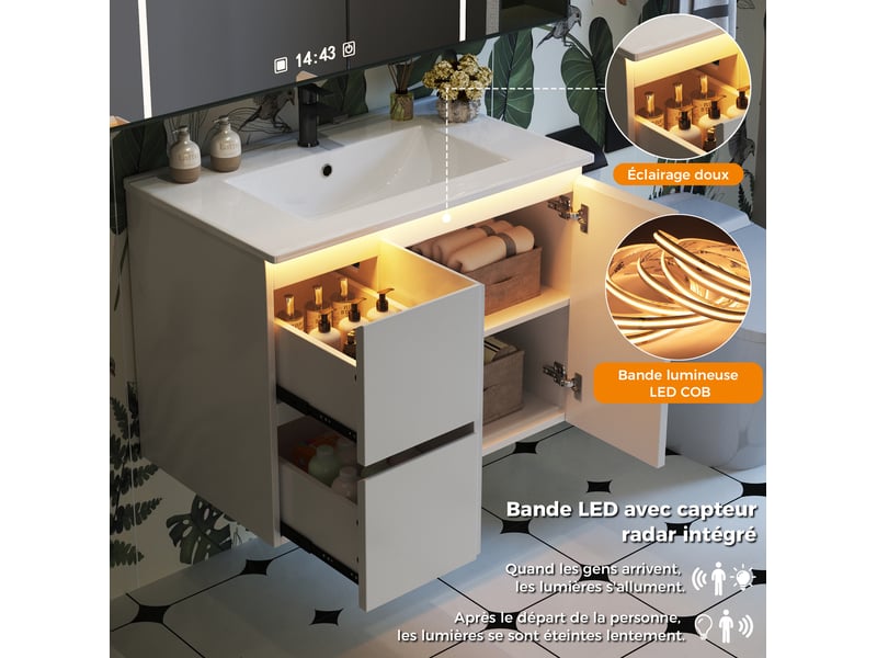  Meuble vasque suspendu 76x47x57 cm avec led à capteur coloris blanc  - Conforama D