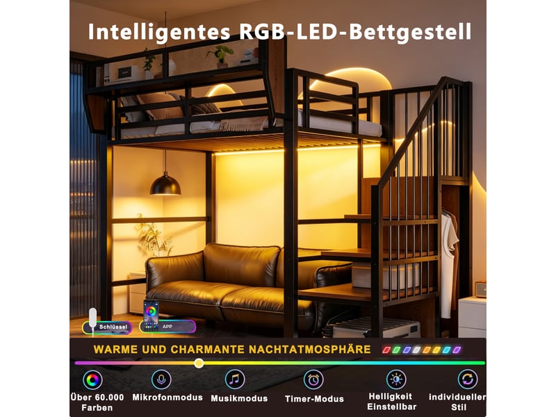  Lit mezzanine 90x200 cm avec rangement et étagère - lit 1 place avec led et échelle de sécurité - métal noir  - Conforama E