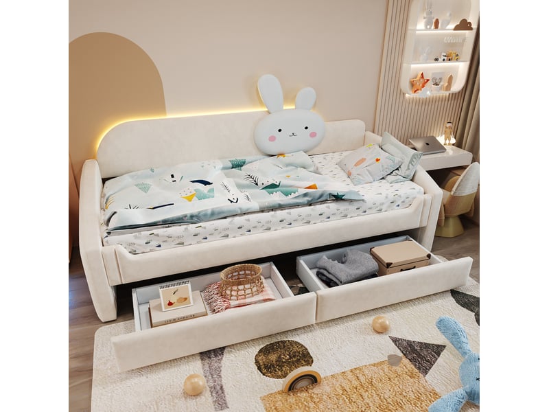  Lit enfant type canapé rembourré 90 x 200 cm, 2 tiroirs, led, velours beige  - Conforama D