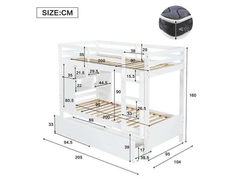  Lit superposé enfant 90x200cm blanc - bois avec 2 tiroirs, sommier et barrière  - Conforama C