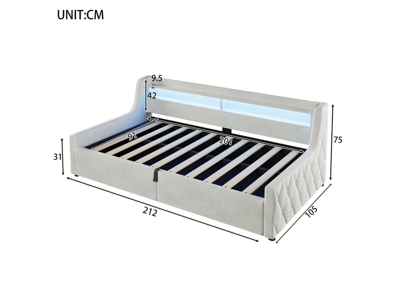  Lit coffre 90 × 200 cm, rangement hydraulique, tête avec led multicolore, sommier à lattes, velours et mdf, blanc cassé  - Conforama C