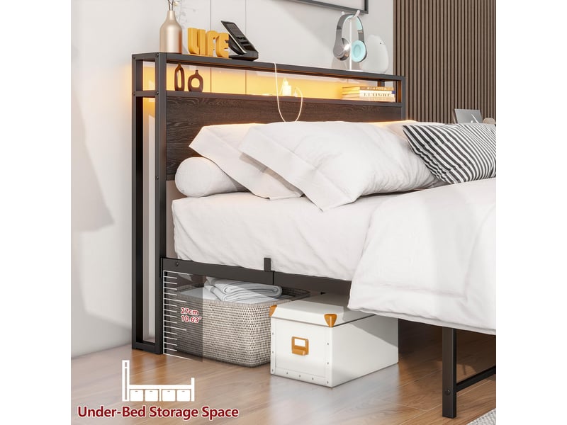  Lit 140x200 avec rangement cadre de lit en métal noir tête de lit étagère led usb  - Conforama W