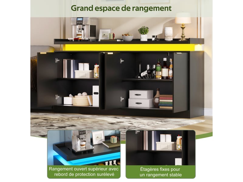  Buffet bas 160x39x83 cm, quatre portes avec led mdf, style moderne, meuble de rangement, pour la maison, coloris noir  - Conforama E