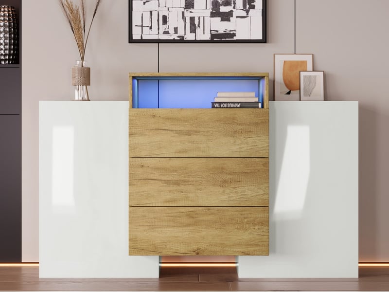  Buffet cuisine bas, meuble de cuisine rangement, avec lumineux led, 2 portes et 3 tiroirs, pour manger salon entrée, 140x30x77,5cm, blanc  - Conforama B