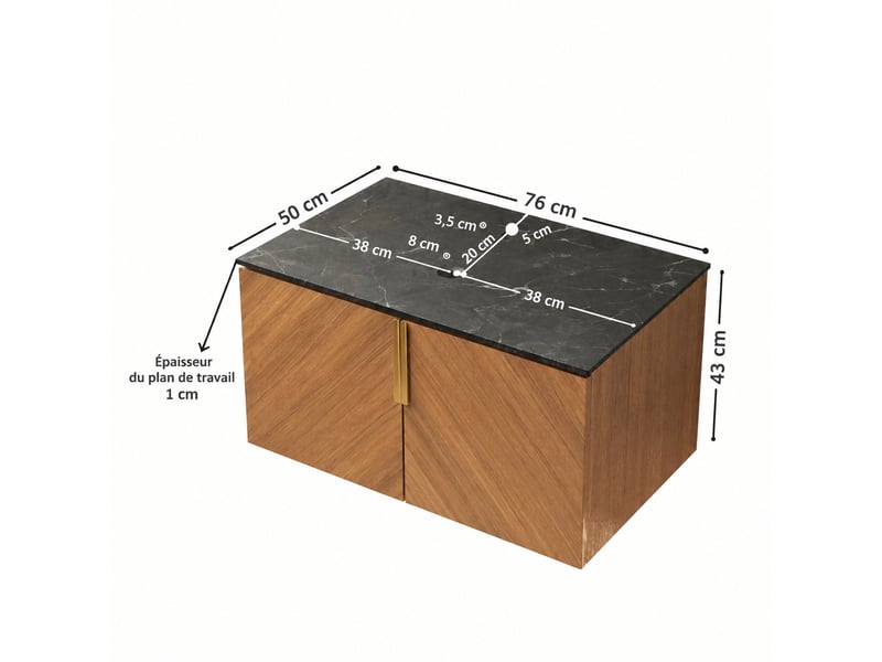  Meuble sous vasque 76 cm avec plan de toilette en pierre frittée, effet chêne, portes doubles  - Conforama E