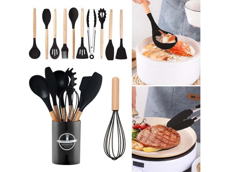  Set de 12 ustensiles de cuisine en silicone et bois noir avec support chicfurn  - Conforama D