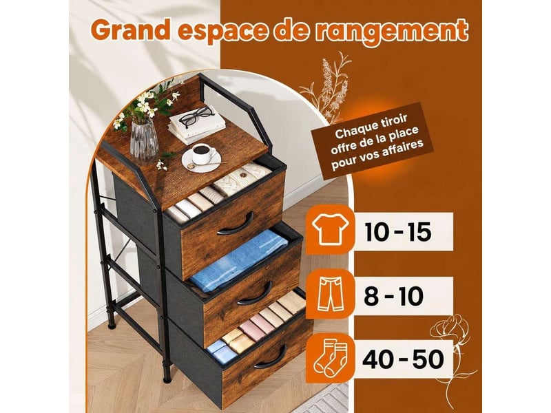  Table de chevet 40x30x78 cm trois tiroirs tissu marron rustique et metal noir  - Conforama D