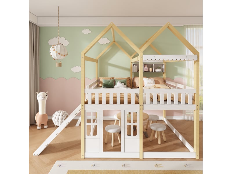  Lit mezzanine 90x200 cm avec toboggan et échelle réversibles en bois blanc et naturel  - Conforama D