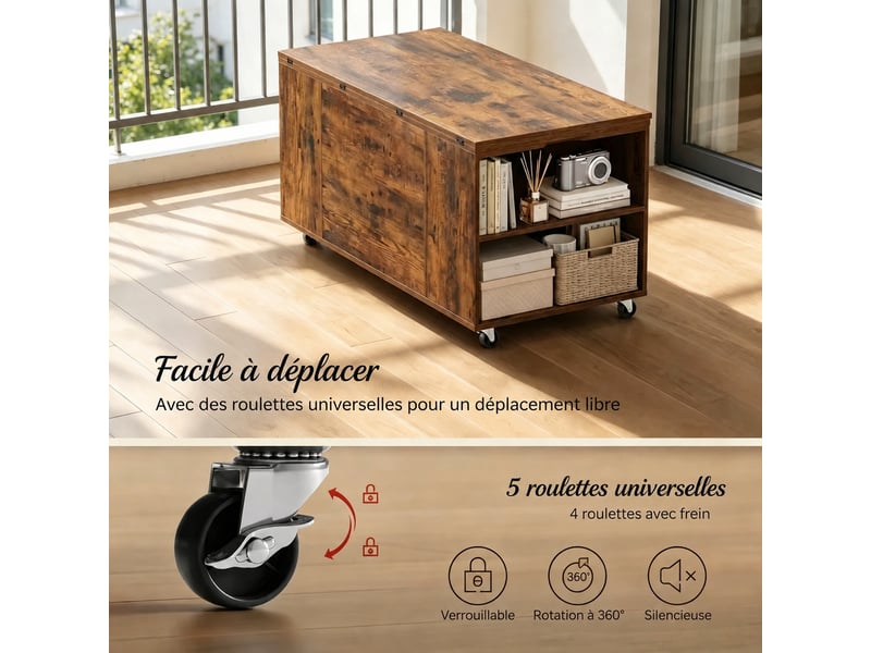  Table basse relevable à roulettes verrouillables, extensible, avec tiroir et rangement, 100x50.5cm, marron rustique  - Conforama D