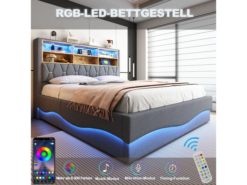  Lit coffre 180x200cm led app &amp; usb - lit rembourré - lin gris, tête de lit avec étagères de rangement, cadre en métal  - Conforama E