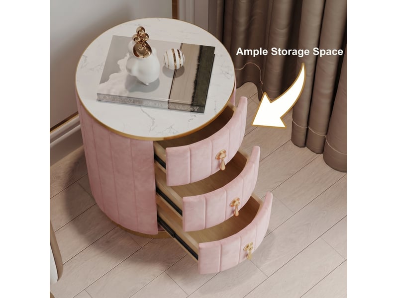  Table de chevet 3 tiroirs, 40 x 40 x 52,5 cm – design rond en velours rose, plateau effet marbre, détails dorés  - Conforama D