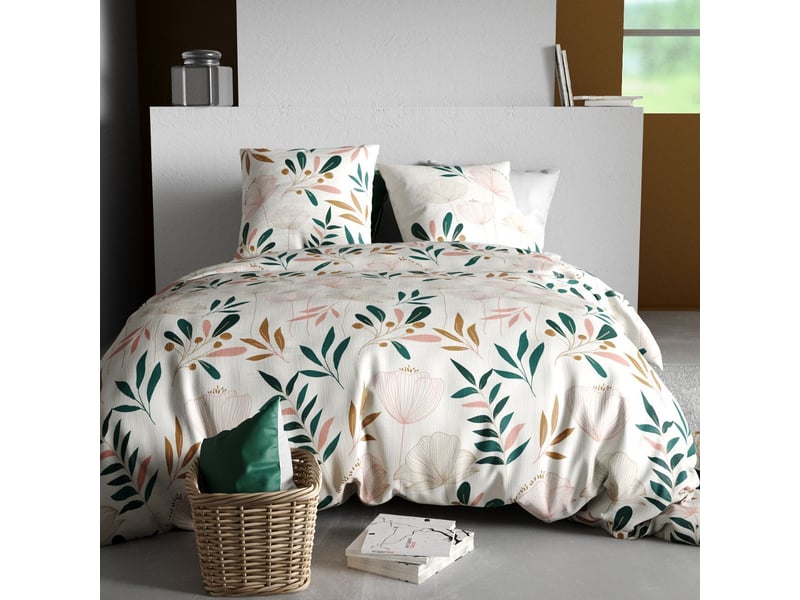  Parure housse de couette 240x220cm + 2 taies motif fleurs blanc rose et vert 100% coton - siloe SILOE - Conforama A