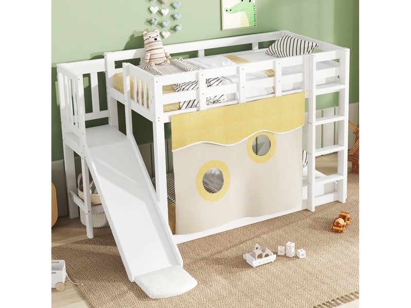  Modenvie lit superposé 90x200 cm - avec escalier, toboggan et rideaux - pour chambre d'enfant - blanc  - Conforama E