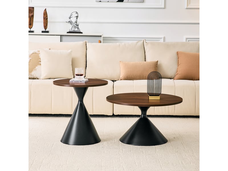  Tables basses gigognes set de 2 avec plateaux coniques, en mélamine effet noyer et métal noir pour salon  - Conforama B