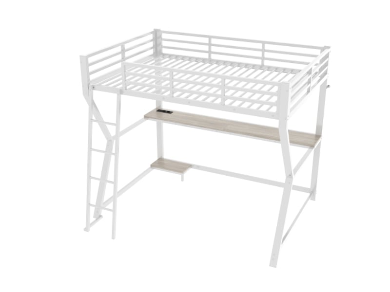  Lit mezzanine 90x200 cm, lit simple, led, bureau, prise usb, en métal, blanc, sans matelas  - Conforama E