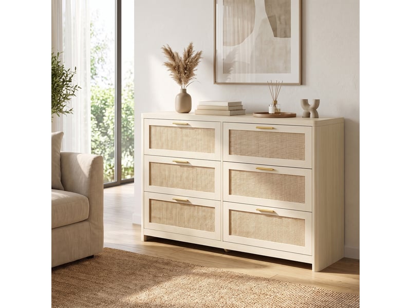  Commode de chambre 6 tiroirs, meuble de rangement bohème, 120 x 40 x 80 cm, beige  - Conforama B