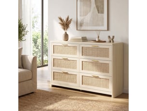Commode de chambre 6 tiroirs, meuble de rangement bohème, 120 x 40 x 80 cm, beige