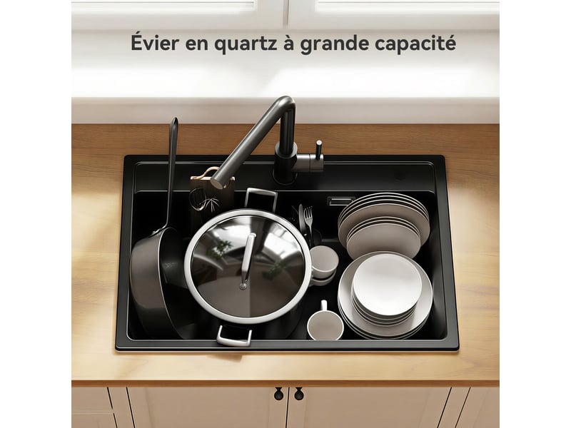 Anycee max évier en granit 70x46cm - évier de cuisine - évier simple avec panier égouttoir et siphon - kit d’évacuation et trop-plein - Conforama E