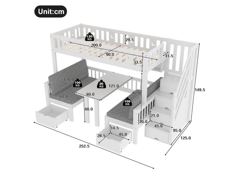  Lit mezzanine enfant multifonctionnel 90 x 200 cm blanc avec bureau pliant et escalier de rangement  - Conforama E