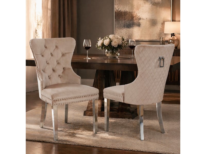  Lot de 2 chaises salle à manger 53x62,5x94,5 cm, dossier incurvé, velours beige, pieds métalliques  - Conforama B
